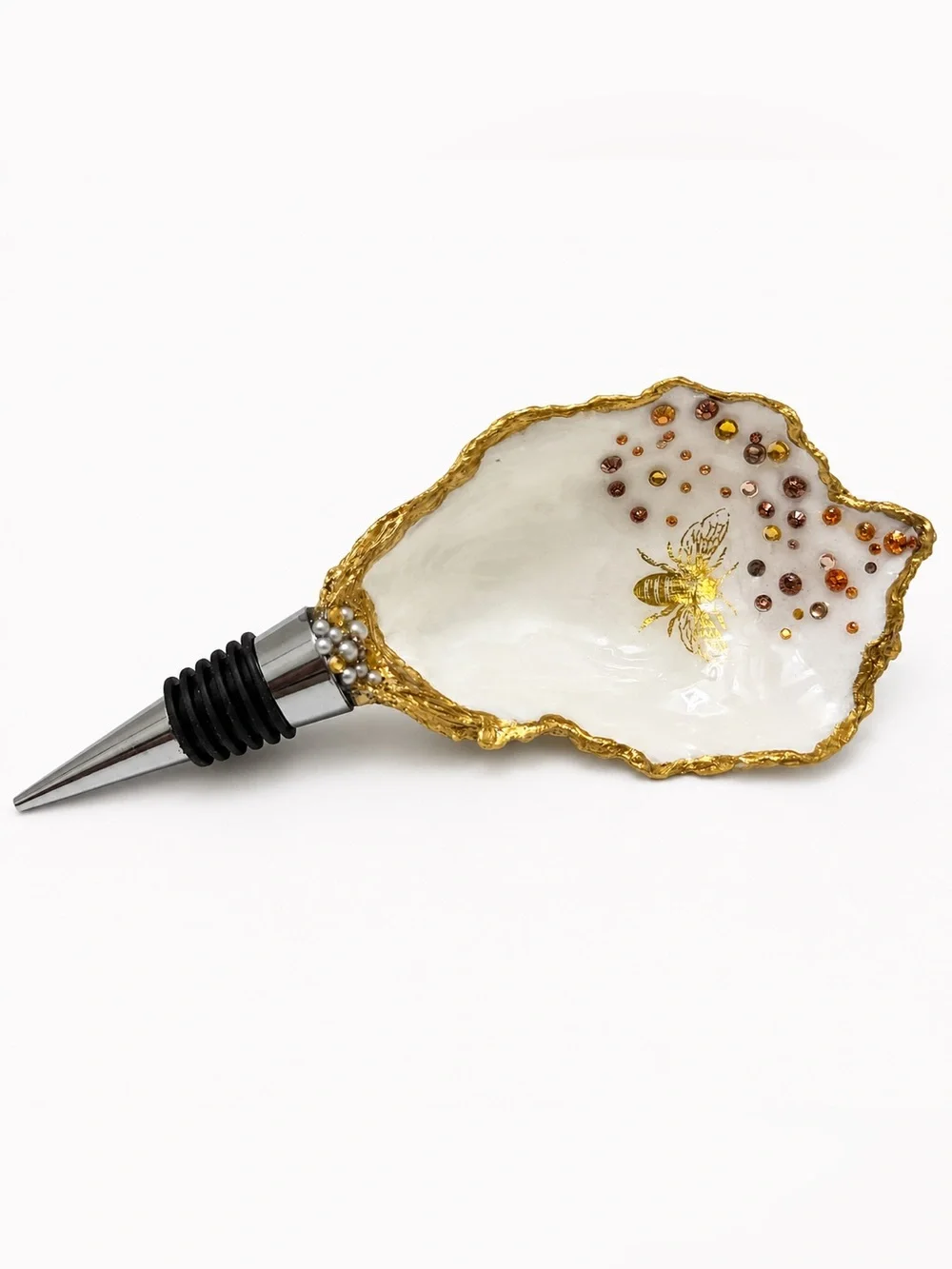 Gold & White Bee Oyster Shell Wine Stopper, Handmade by Me